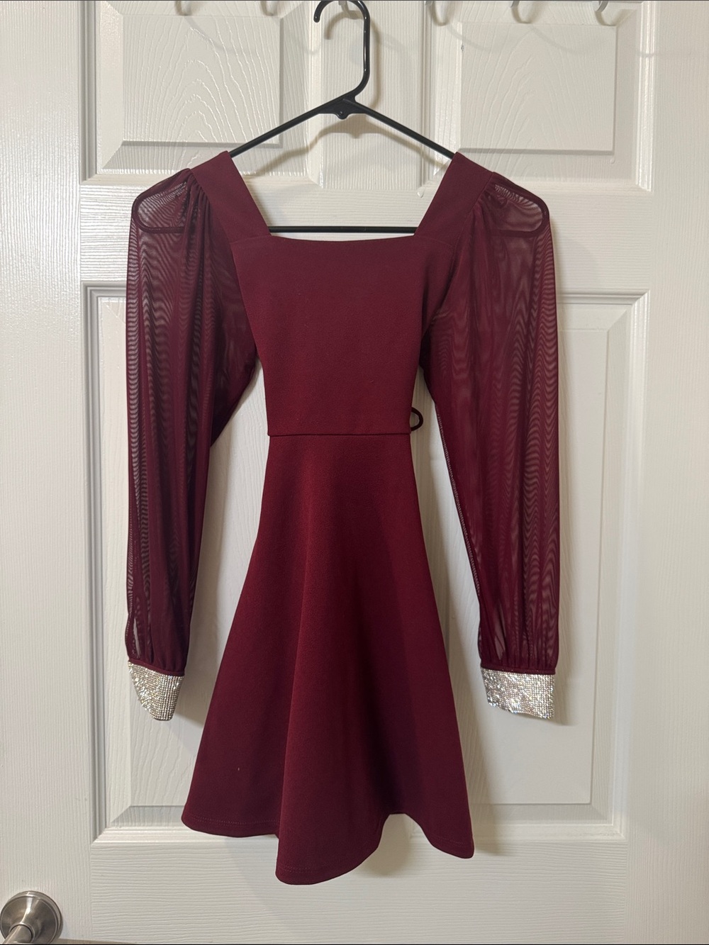 Speechless Burgundy Long-Sleeve Fit & Flare Dress with Sparkle Cuffs